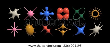 Set of geometric 3D logos space explosion, dazzling flash. Modern bold brutalist objects and Y2K shapes of the sun and stars. Colorful minimalistic figures silhouettes. Contemporary design.