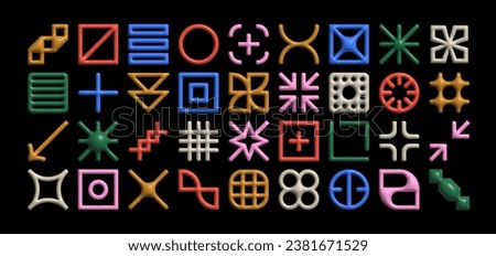  Set of  abstract geometric linear icons. Vector 3d shapes of arrows and grids in memphis style