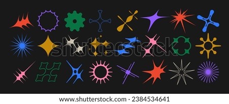 Set of geometric logos space explosion, dazzling flash. Modern bold brutalist objects and shapes of the sun and stars. Colorful minimalistic figures silhouettes. Contemporary design.