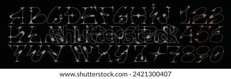 Y2k girly gothic alphabet with star shapes. Acid font . Trendy number and letter design. Sparkle figures. Neotribal emo style lettering. Fine line and sharp edges, inspired by metal music
