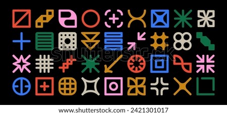 Set of vector abstract geometric linear icons of arrows and grids in memphis style,