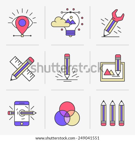 Flat Line Icons Set. Vector illustration, drawing, color matching .Isolated Objects in a Modern Style for Your Design.
