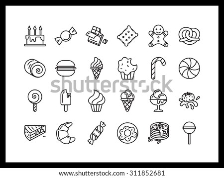 Vector icon set in a modern style. Sweets and pastries, ice cream, candy and chocolates, biscuits and cookies.