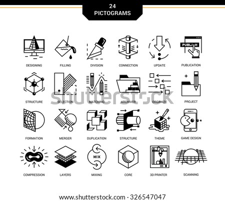 Creative contemporary icon set in a linear style. 3D design, working with objects, tools for 3D modeling, scanning and recognition of shapes, 3D printing, game design,  polygonal modeling, rendering.