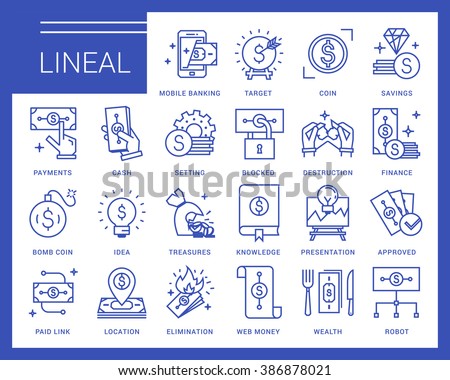 Line vector icons in a modern style. Business and finance, mobile payments, e-currency, speculation, mobile banking.