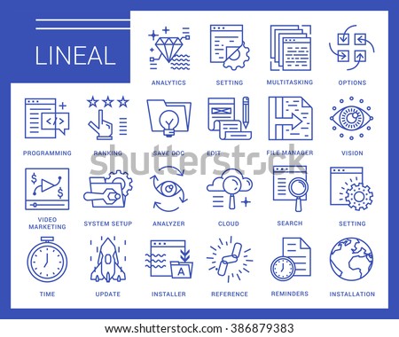 Line vector icons in a modern style. Programs and Features, windows applications, browser, pages prototyping interface, application programming.