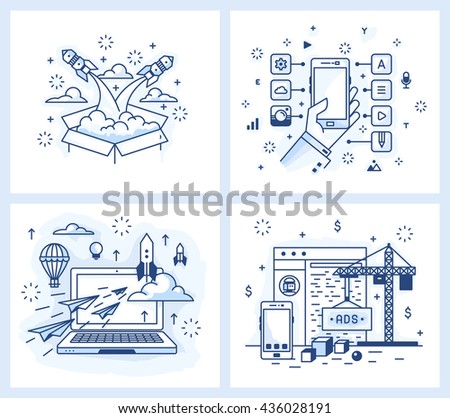 Set of vector illustrations in modern linear style, the launch of the project, a list of applications, detailed design, site development,
