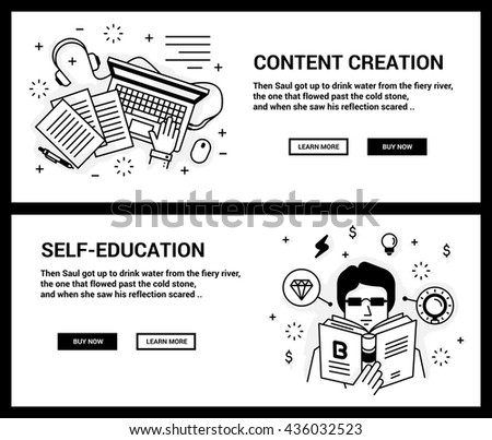 Vector concept, a set of banners for the site. Mini illustration of icons on the theme of self-education and content creation. Drawn in an unusual modern flat linear style.