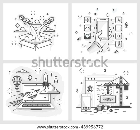 Set of vector illustrations in modern linear style, the launch of the project, a list of applications, detailed design, site development,