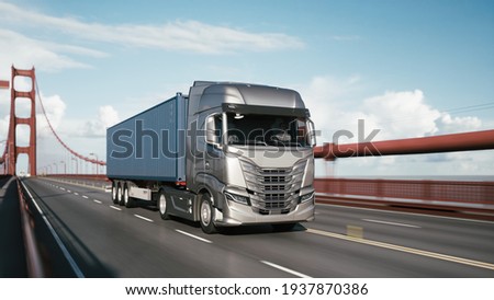 Cargo truck with container driving on the bridge. Semi-Truck with Cargo Trailer. 3d illustration