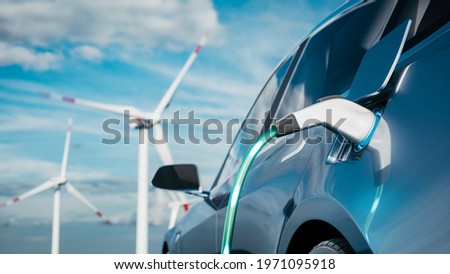 Car charging on the background of a windmills. Charging electric car. Electric car charging on wind turbines background. Vehicles using renewable energy. 3d illustration