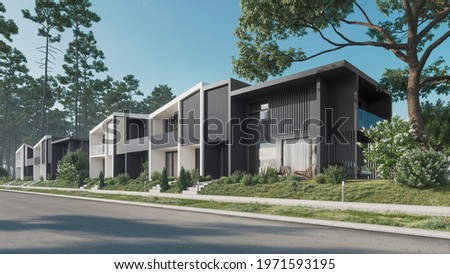 Street of new townhouses. Modern townhouse with garden. Modern privat houses. Suburban houses. Neighbourhood of luxury houses with street road. 3d illustration