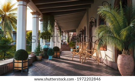 Beautiful terrace with palm trees. Sun Rays on terrace. Beautiful terrace with flowers. Terrace overlooking the garden. 3d illustration