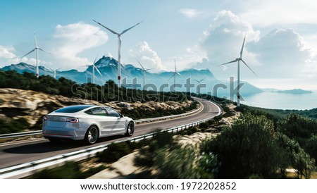 Electric car drive on the wind turbines background. Car drives along a mountain road. Electric car driving along windmills farm. Alternative energy for cars. Car and wind turbines farm. 3d render Foto stock © 