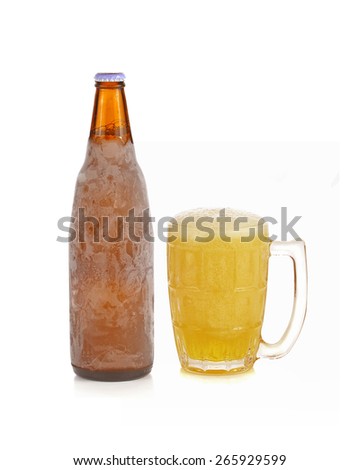 Mug fresh beer and Beer bottle on a white background