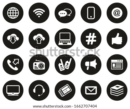 Information Channel Icons White On Black Flat Design Circle Set Big