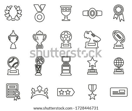 Prize Or Trophy Icons Black & White Thin Line Set Big
