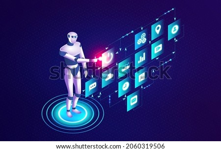 Robotic Process Automation - RPA - Business Process Automation - Concept with Humanoid Robot Directing Business Processes - 3D Isometric Illustration