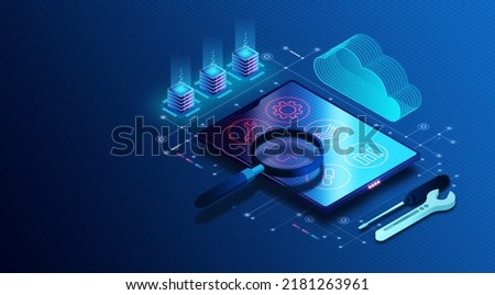 Software Application Testing Concept - Process of Testing Software Applications with Tools and Automation Frameworks to Identify Errors - 3D Illustration Foto stock © 