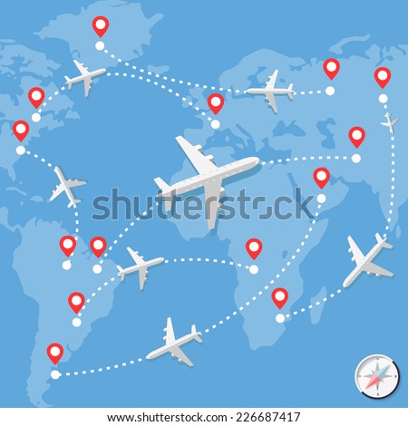 Airplanes over blue map with routes over blue background. Vector Illustration. Flat Design.