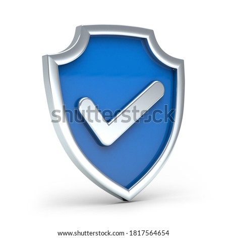 Blue and silver shield with silver check mark on white background. Blue and silver shield left view.