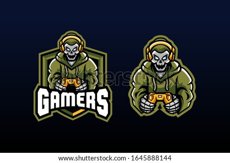 gamers with skull heads holding xbox controllers wearing hoodies and headphones on their heads look happy suitable for team logo or esport logo  and mascot logo, or tshirt design