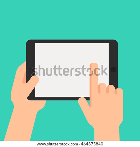 Hand  holding touch screen tablet on white background. Vector illustration.