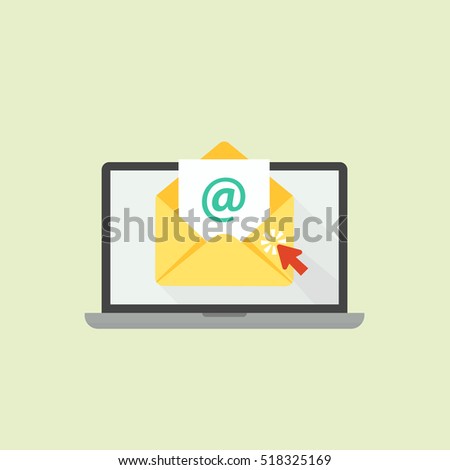 Mouse is clicking on the screen laptop to open email concepts flat modern design vector illustration. communication concept 