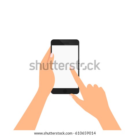 hand of woman is holding smartphone and pointing on the blank screen for add object vector illustration