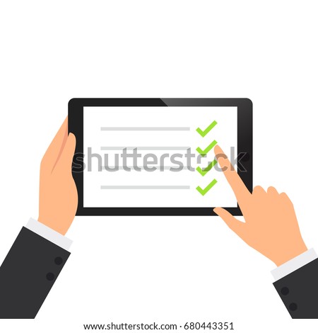 Businessman hold tablet and fill the green check list on the screen vector illustration
