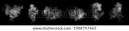 Set. Close-up of steam or abstract white smog rising above. water droplets that can be seen that swirl beautifully from humidifier spray. Isolated on a black background 商業照片 © 