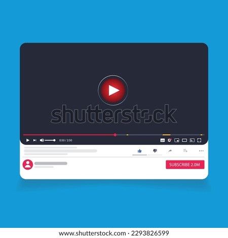 Desktop Video player PC social media interface.youtube player mock up,Play video online mock up. Subscribe button. Tube window with navigation icon. Vector illustration.