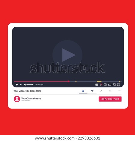 Youtube video player mockup template, Video player template interface. Social media concept. Website mockup video channel. Web windows player.