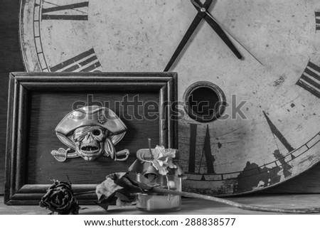 Picture frames skull on a black and white background.