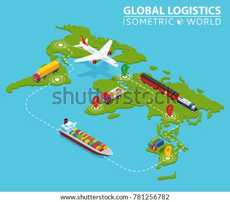 Global Logistic Isometric Vehicle Infographic. Ship Cargo Truck Van Logistics Service. Import Export Chain. Ensured Deliveries Drawing. Distribute Objects Shipment Vector. Fast Delivery Shipping