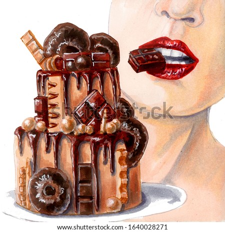 Watercolor illustration of a female mouth biting chocolate and chocolate cake. Hand drawn lips and dessert isolated on white.
