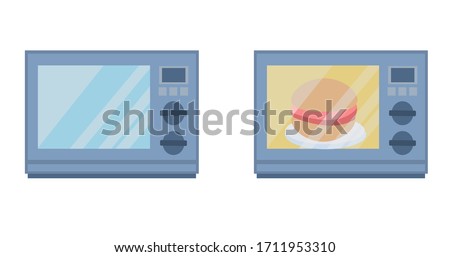 Silver microwave oven, turned off and running. isolated on a white background. Kitchen electric appliances for cooking. Heating a hot dog in the microwave. Vector illustration in flat style.