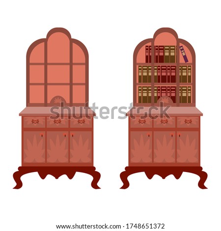 An antique bookcase with books and empty shelves. Templates isolated on a white background. Furniture for the library. Vector illustration in flat style