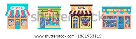 Set of illustration of exterior facade store building.Collection of the facades of the shops:bakery, pizzeria, flower shop, sweets shop isolated on a white background.Vector illustration in flat style