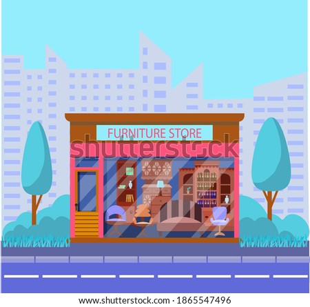 Vector illustration of a furniture store. illustration of the exterior facade of the store building in the city. Facade of a furniture shop. Vector illustration in flat style
