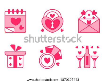 set of cute vector icons for Valentine's day. Valentine's mail.calendar, lock, ring, gift, ribbon, bow, glasses, bottle. Isolated on a white background. elements for greeting cards, posters, stickers