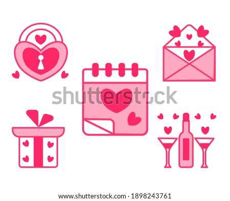 set of cute vector icons for Valentine's day. Valentine's mail, calendar, lock, gift, ribbon, bow, glasses, bottle. Isolated on a white background. elements for greeting cards, posters, stickers