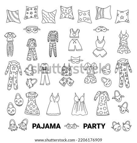 set of doodle-style drawings for the design of a pajama party and a children's bedroom. template Slumber party for kids.  illustration of hand-drawn sketches in a doodle style. 