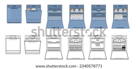 Dishwasher with open, closed door empty, with dishes. Modern household appliance for washing utensil, dishware. Flat-style illustration and linear drawings of a dishwasher