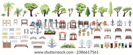 Collection of icons of urban and park infrastructure with romantic gazebos, trees, bushes, palm trees, benches, swings, signs. Big set Urban environment of a European city and public park.