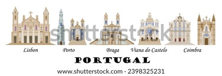 Horizontal panorama of the architectural sights of Portuguese cities. Set of the main churches of the Portuguese cities of Lisbon, Porto, Coimbra and Braga. For the design of souvenirs and banners.