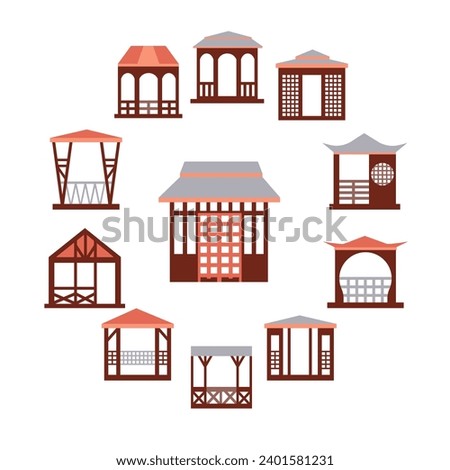 Pavilion structure, city park or gardens area element isolated on white background. Gazebos pergolas in various styles. Architecture wooden bower flat icons set. Vector set of garden design icons.