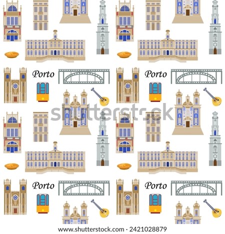 Seamless pattern with the sights of Porto Portugal, the illustration is made in a flat style for wallpaper background, gift packaging, souvenir product design, postcards and notebooks for tourists