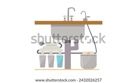 Illustration of home water purification. Flat infographic diagram of a filtration system for home use, filter containers and a plastic water storage tank under the faucet in the kitchen or bathroom.