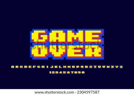 Pixel retro game over, play and score illustration, 3d alphabet, numbers.
